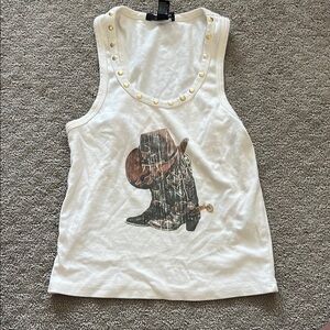 Forever 21 White Tank Top with Cowboy Boot Graphic
